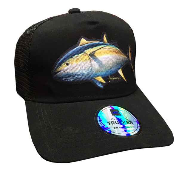 trucker cap with a yellowfin tuna image on it