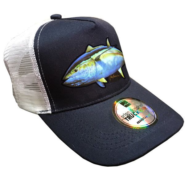 trucker cap with a yellowfin tuna image on it