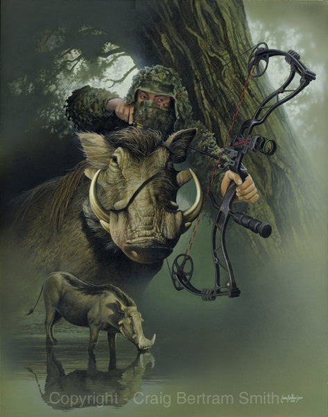 a painting of a bow hunter with a warthog in the foreground