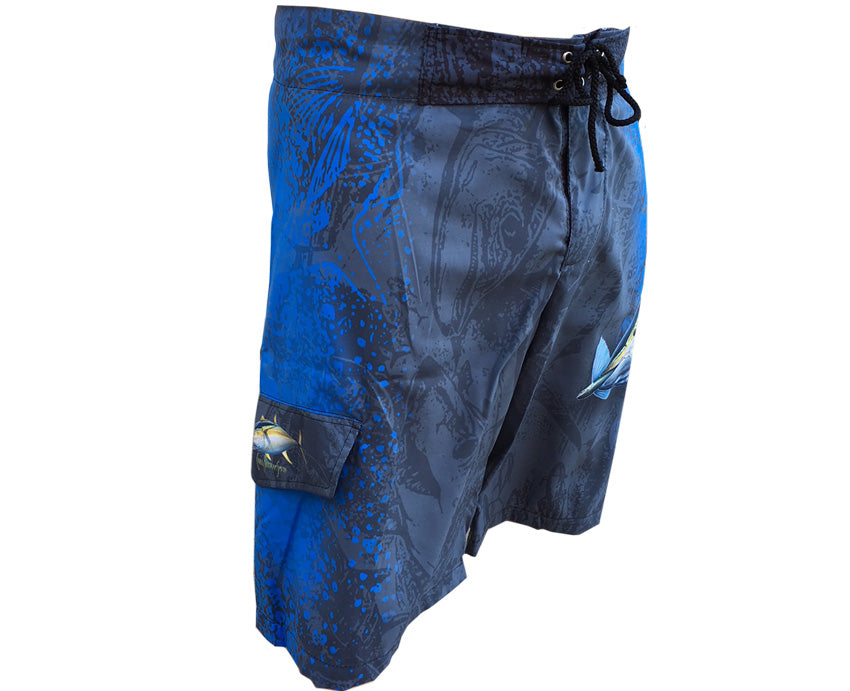 board shorts with a yellowfin tuna on it