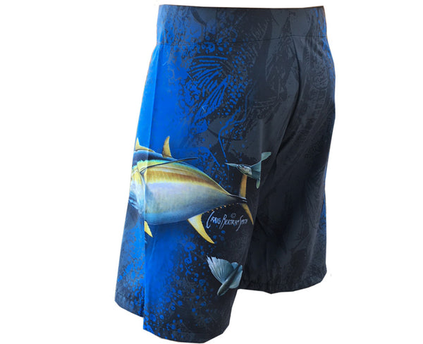 board shorts with a yellowfin tuna on it
