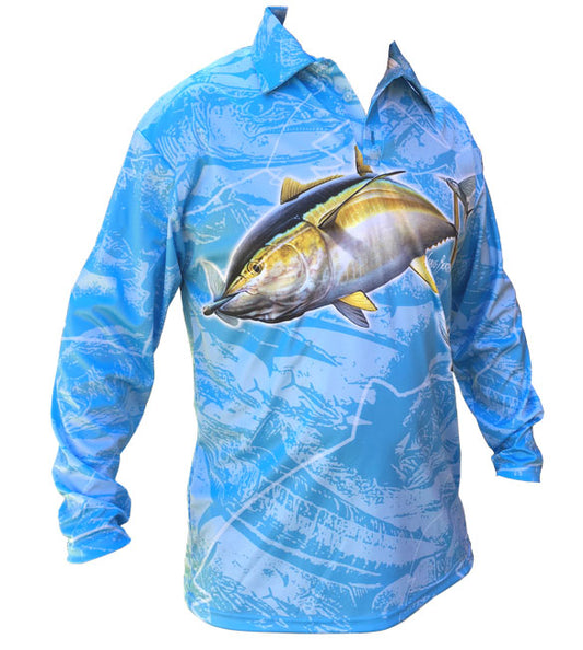 long sleeve fishing shirt with a yellowfin tuna image on it
