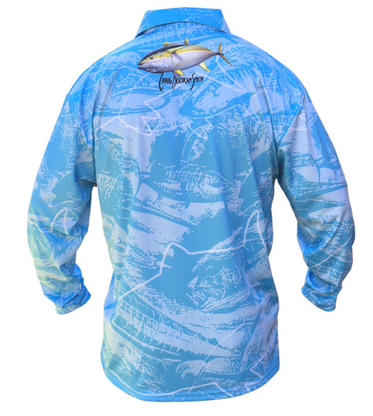 long sleeve fishing shirt with a yellowfin tuna image on it