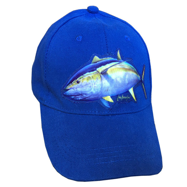 blue cap with a yellowfin tuna on it