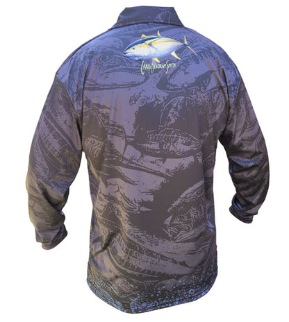 long sleeve fishing shirt with a yellowfin tuna image on it