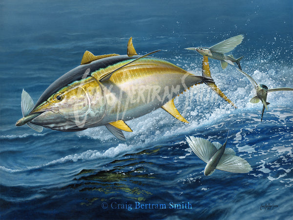 a painting of a yellowfin tuna chasing flying fish jumping out the water