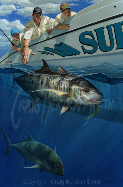 a painting of a yellowspot kingfish underwater with a fisherman in the background
