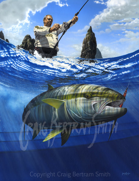 a painting of a yellowtail underwater with a fisherman in the background